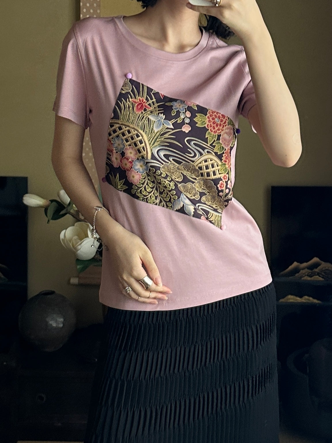 Redesigned Kimono Handmade T-Shirt White Violet color
