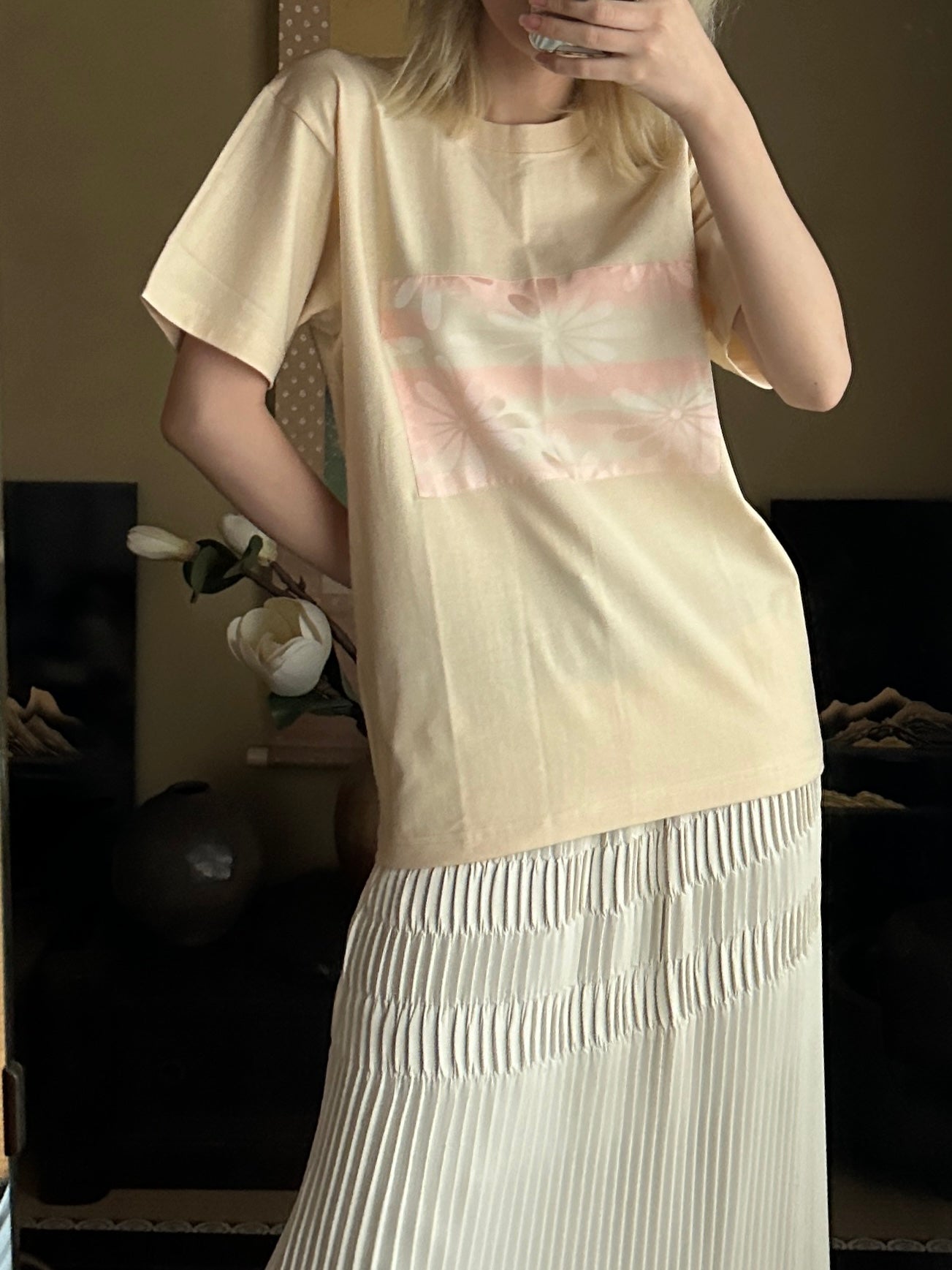 Redesigned Kimono Handmade T-Shirt Lotus root color