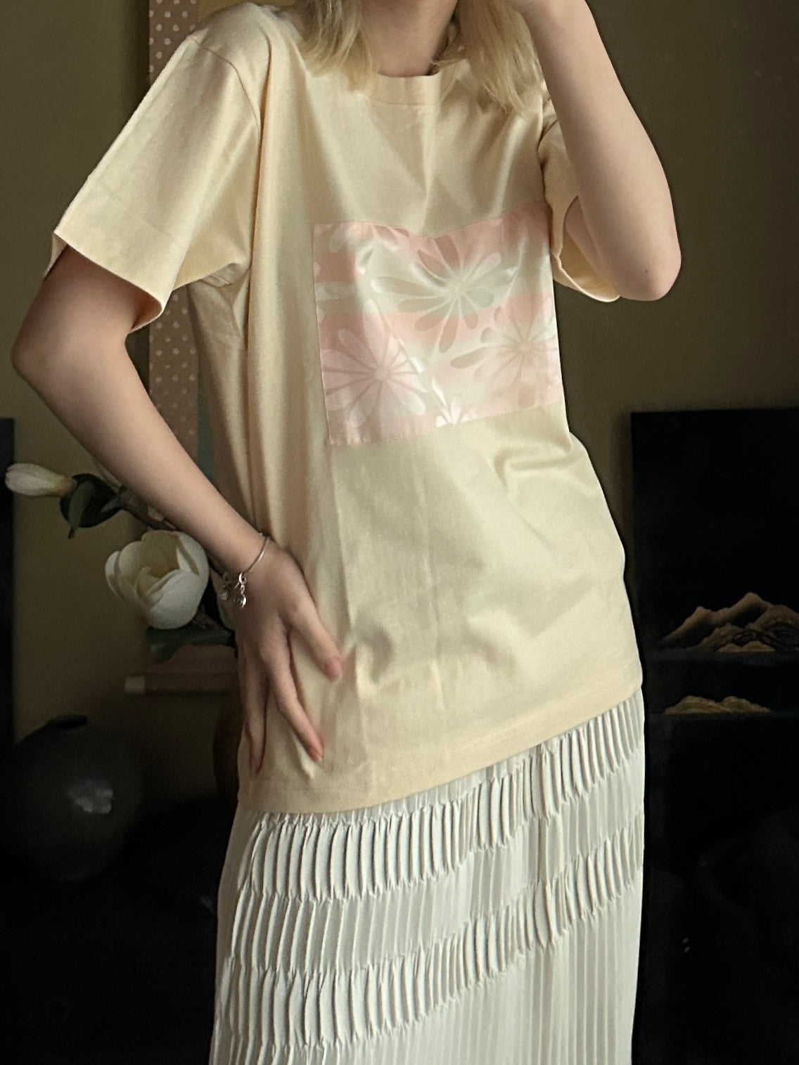 Redesigned Kimono Handmade T-Shirt Lotus root color