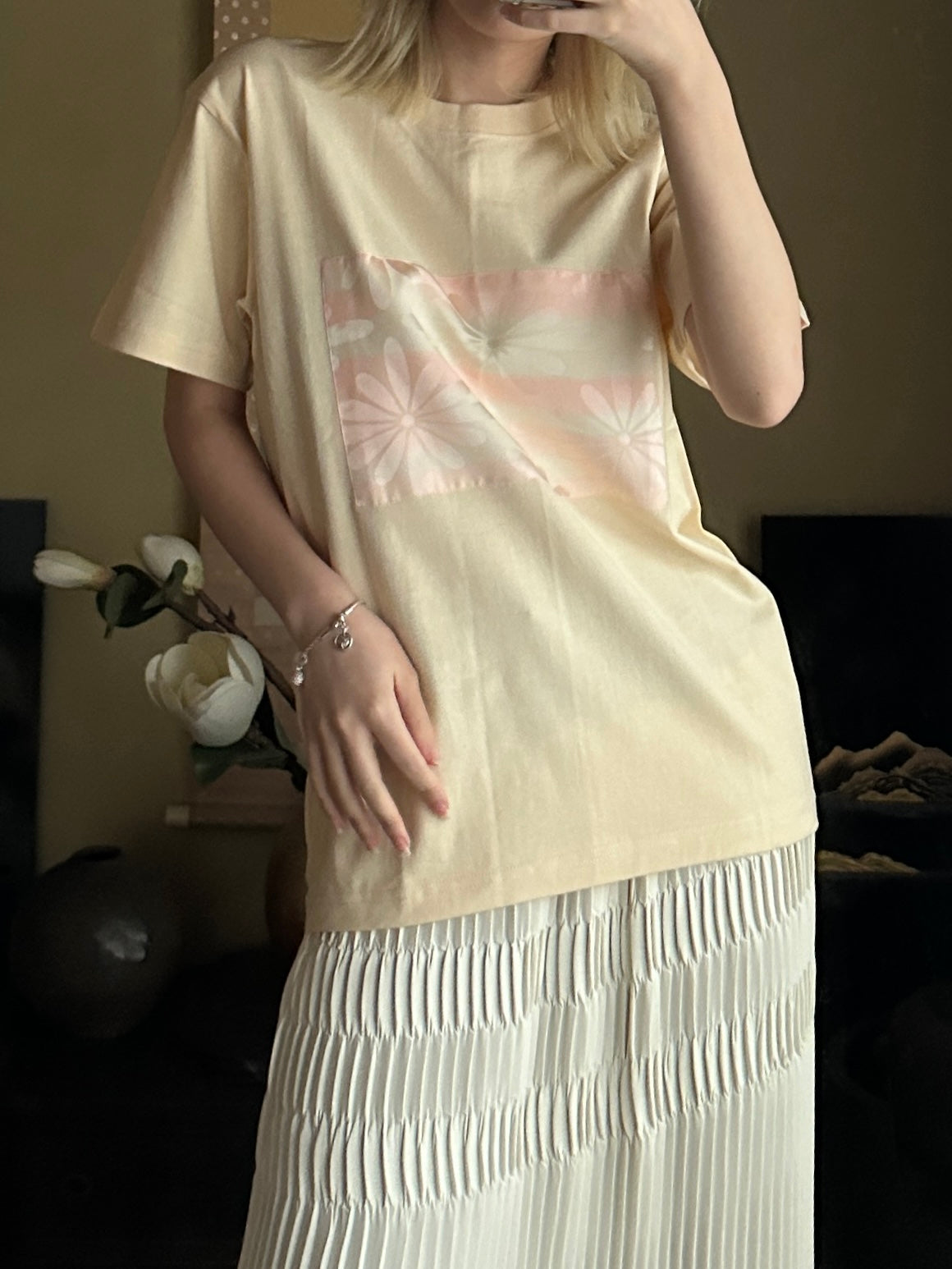 Redesigned Kimono Handmade T-Shirt Lotus root color