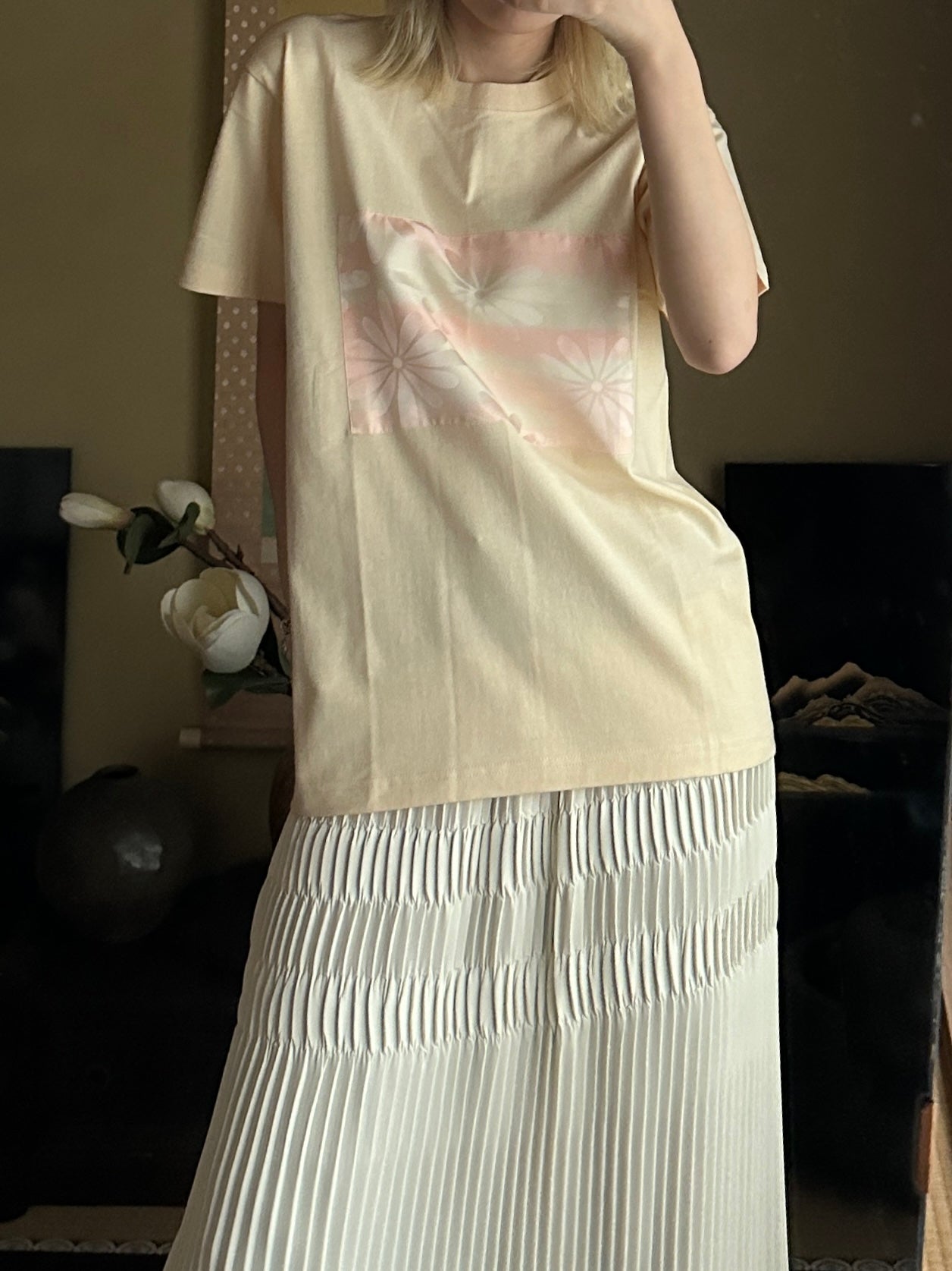 Redesigned Kimono Handmade T-Shirt Lotus root color