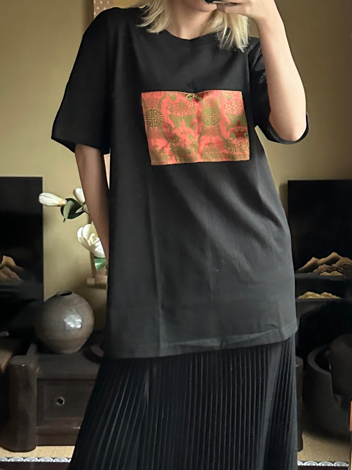 創作着物デザイン Tシャツ 黒色