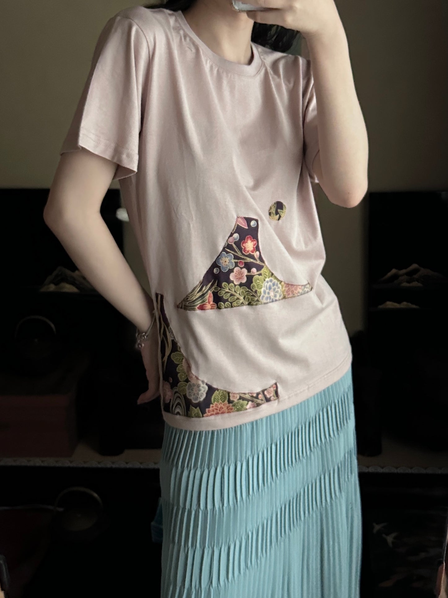 Redesigned Kimono Handmade T-Shirt Pale Persimmon Color