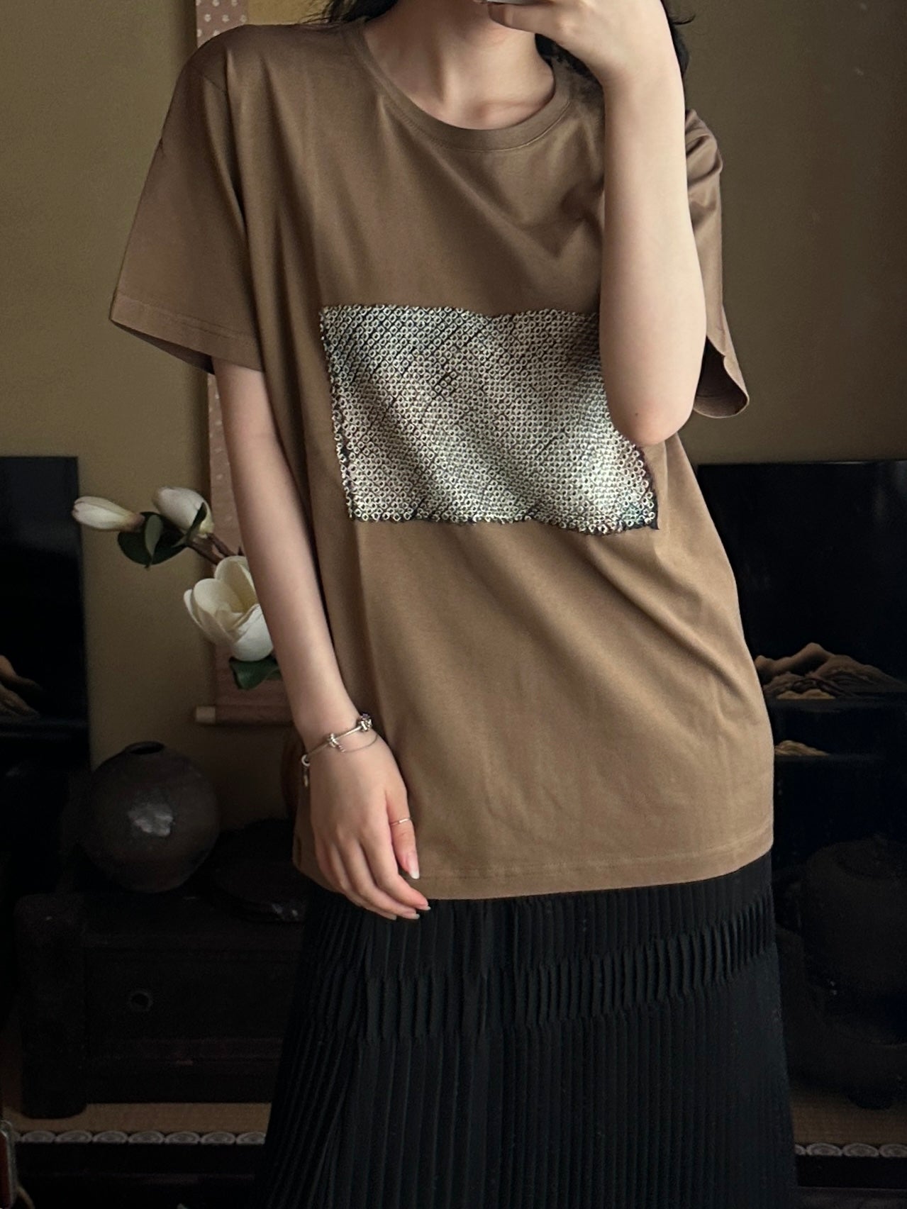 Redesigned Kimono Handmade T-Shirt Loquat Tea color