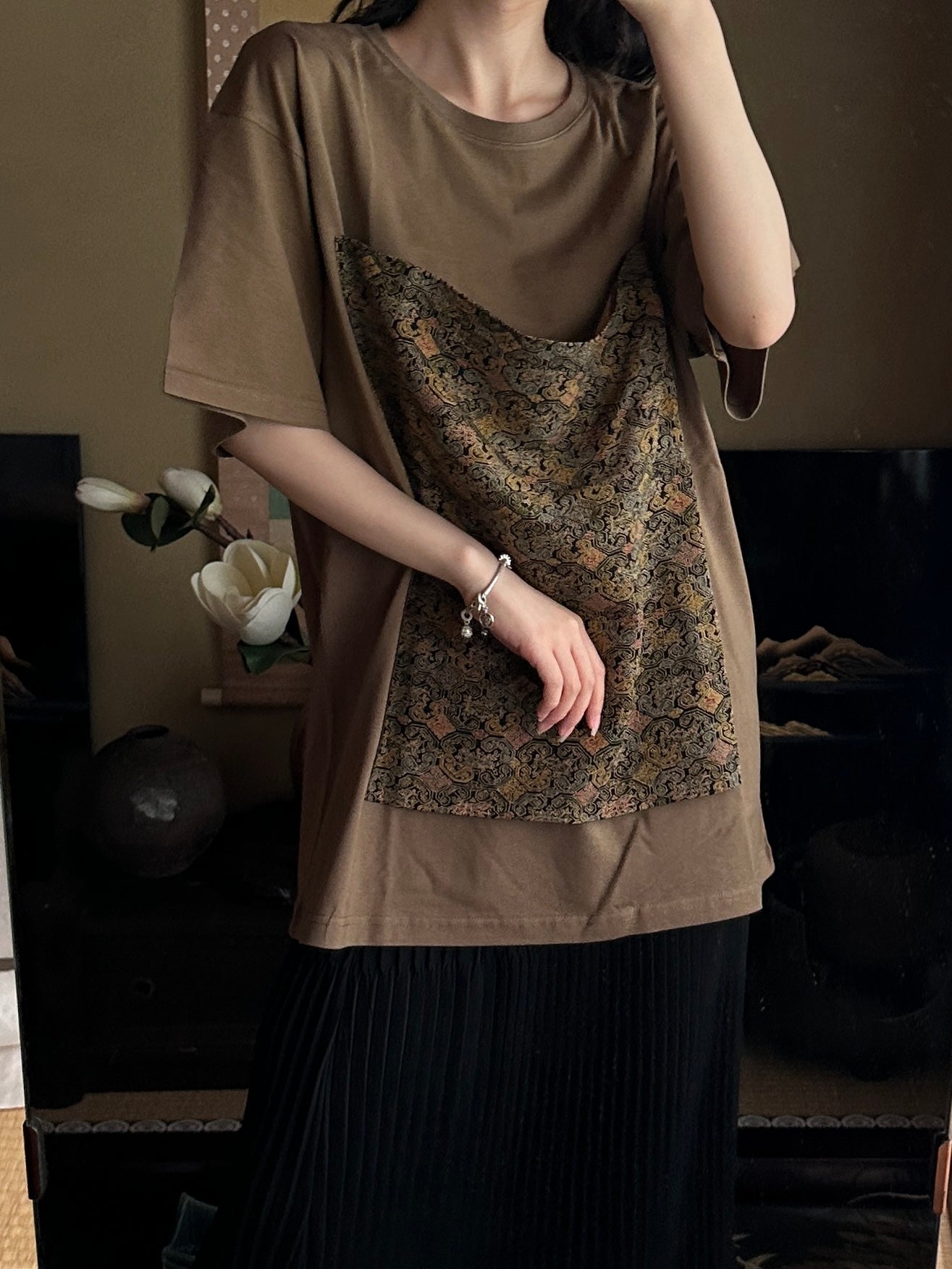 Redesigned Kimono Handmade T-Shirt Loquat Tea color