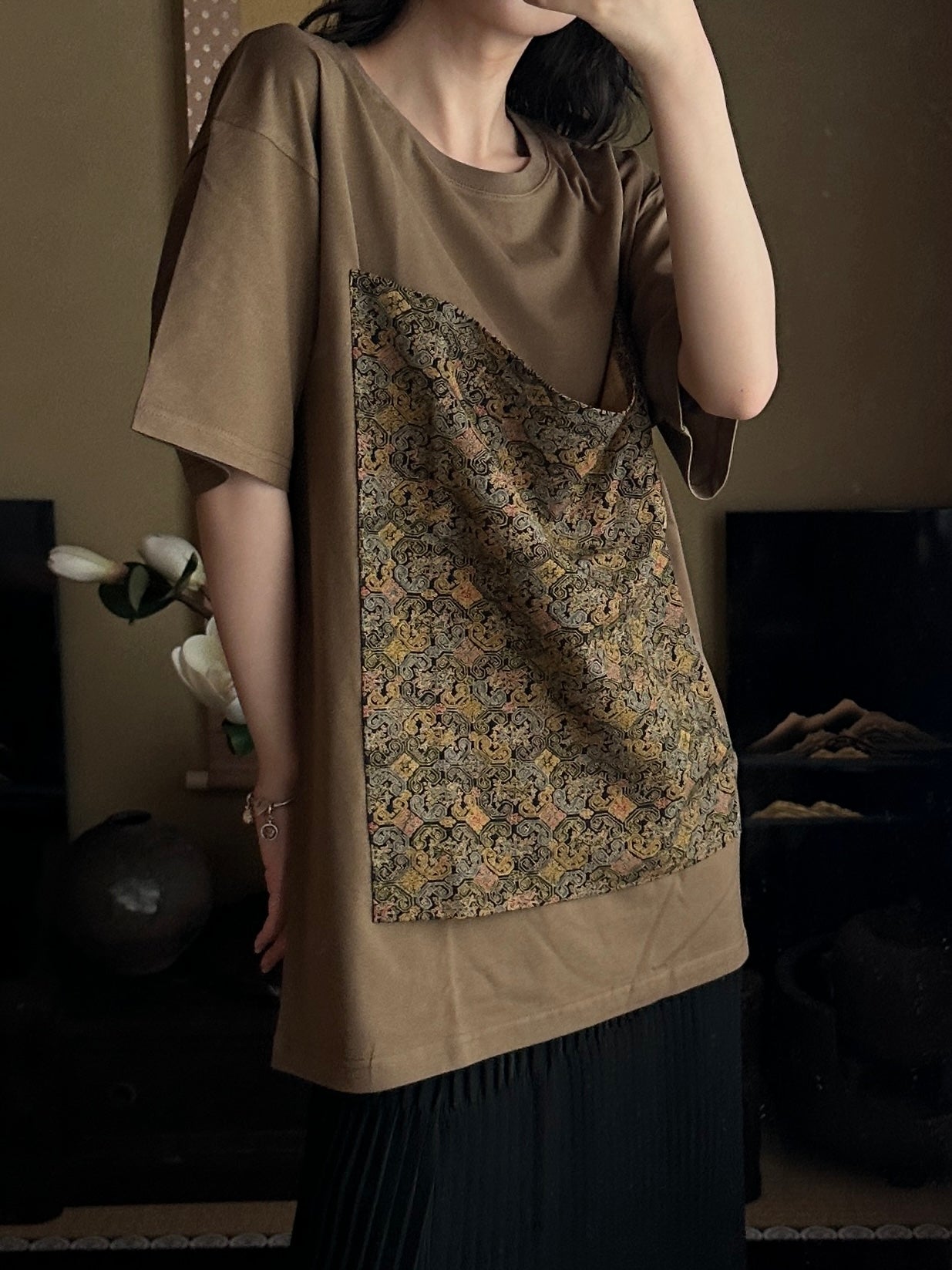 Redesigned Kimono Handmade T-Shirt Loquat Tea color