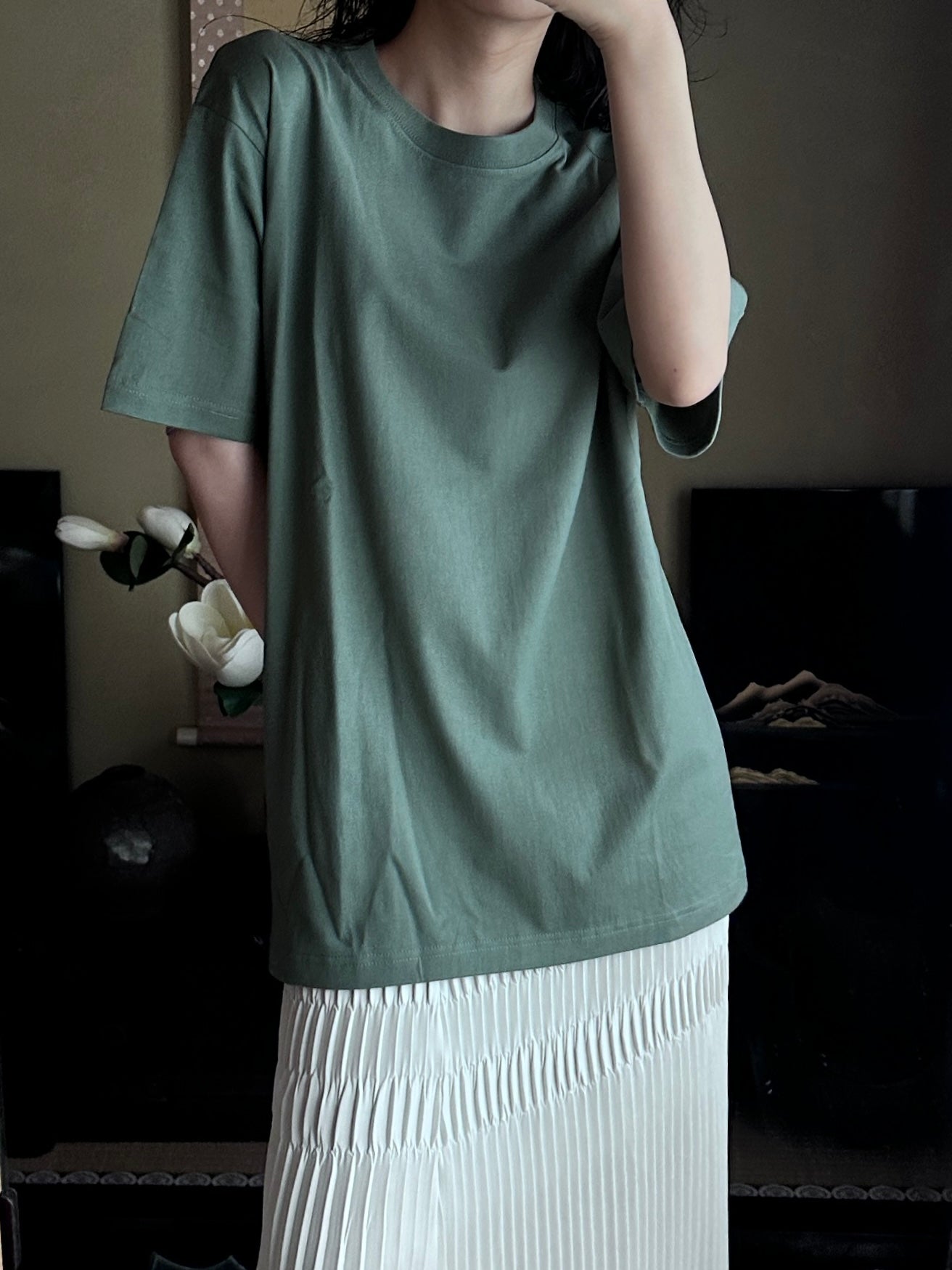 Redesigned Kimono Handmade T-Shirt Green tea color