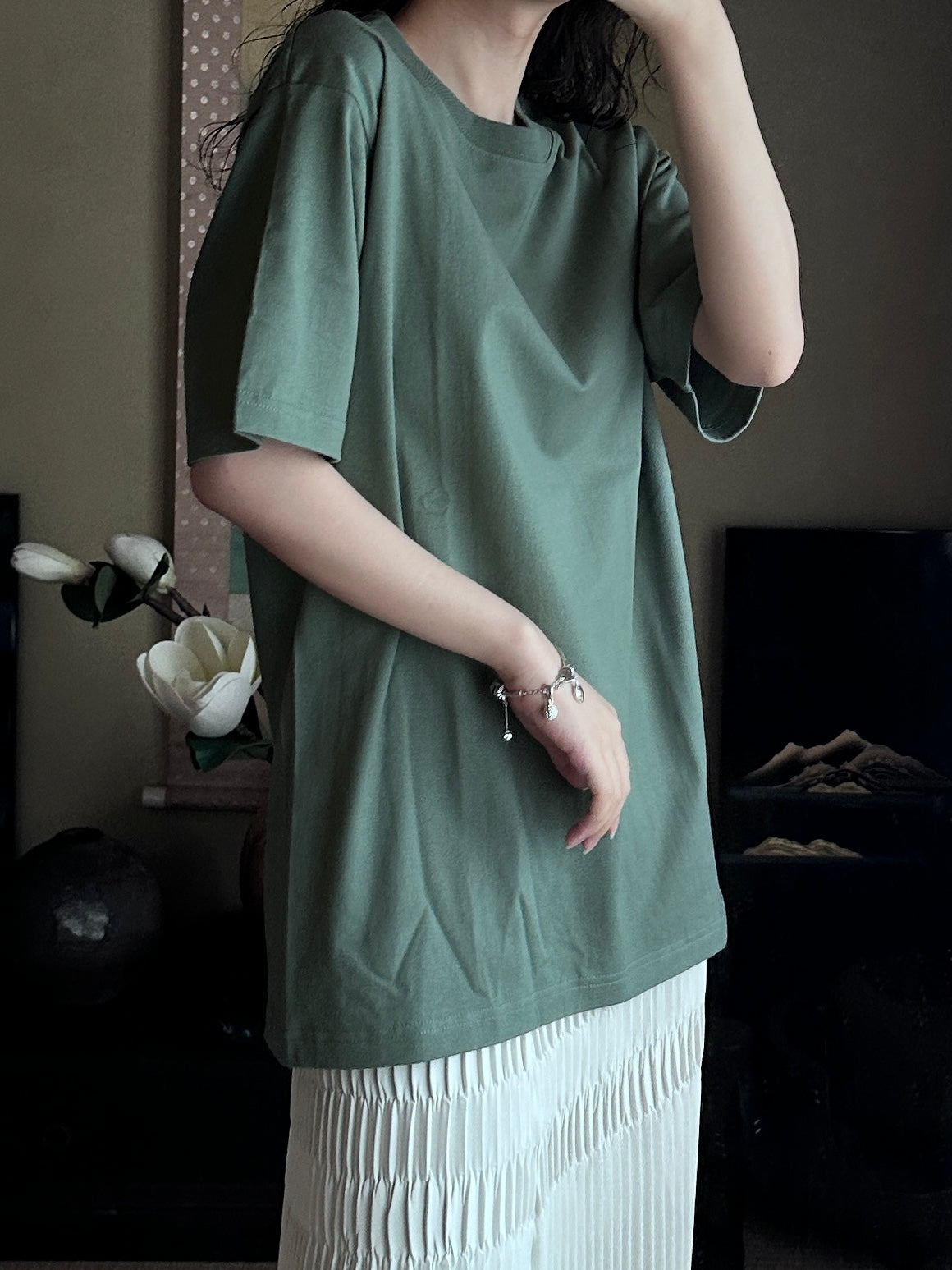 Redesigned Kimono Handmade T-Shirt Green tea color