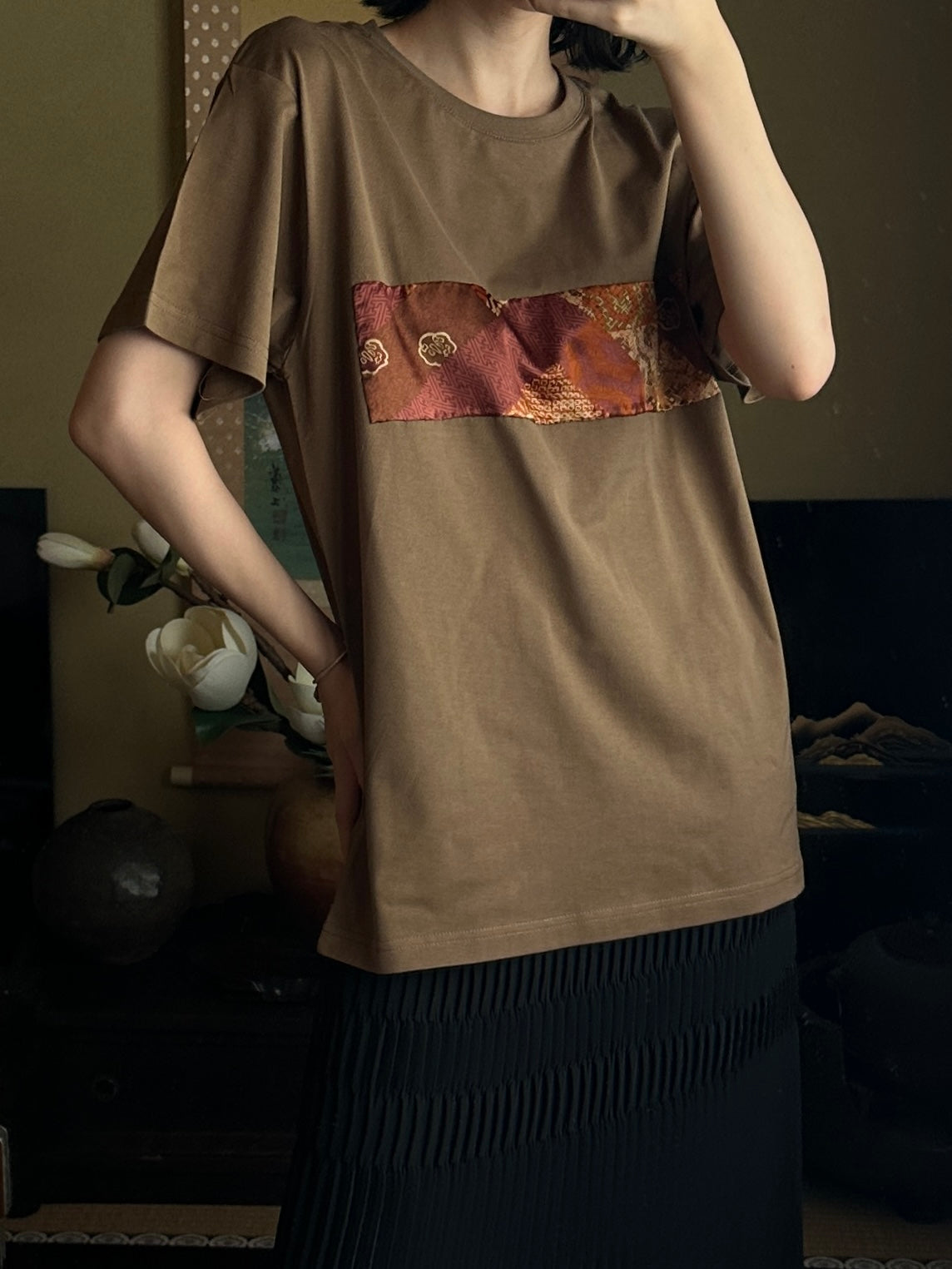 Redesigned Kimono Handmade T-Shirt Loquat Tea color