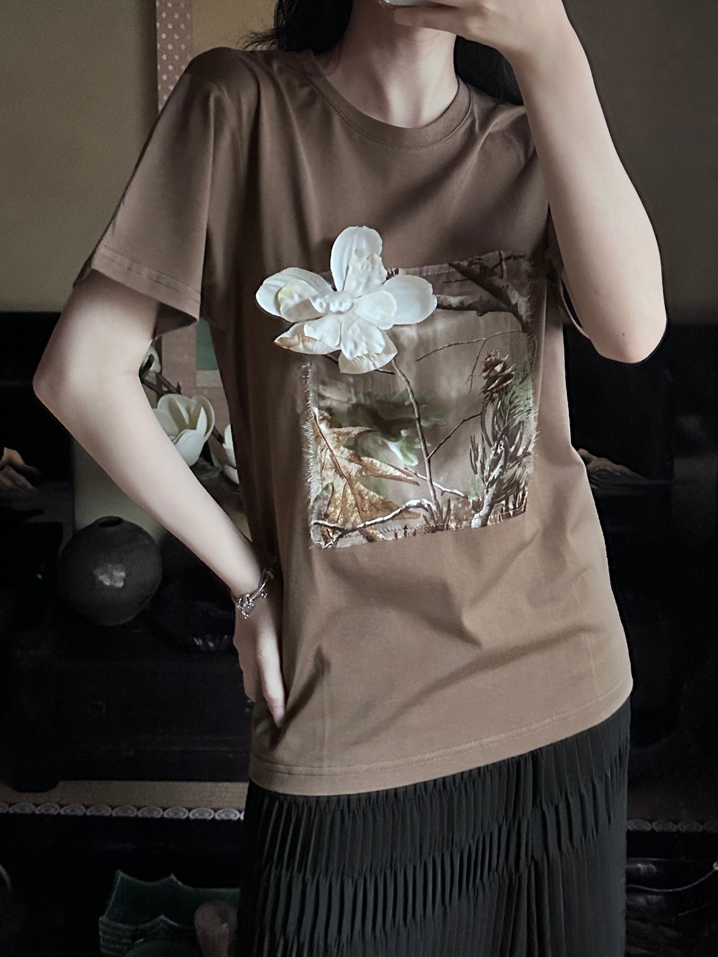 Redesigned Kimono Handmade T-Shirt Loquat Tea color