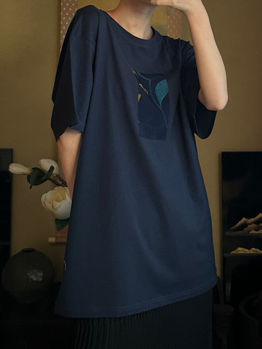 Redesigned Kimono Handmade T-Shirt Iron Navy color