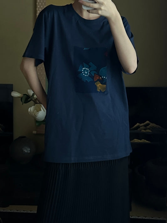 Redesigned Kimono Handmade T-Shirt Iron Navy color