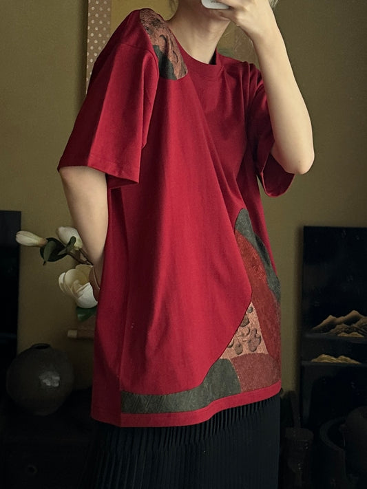 Redesigned Kimono Handmade T-Shirt dark red  color