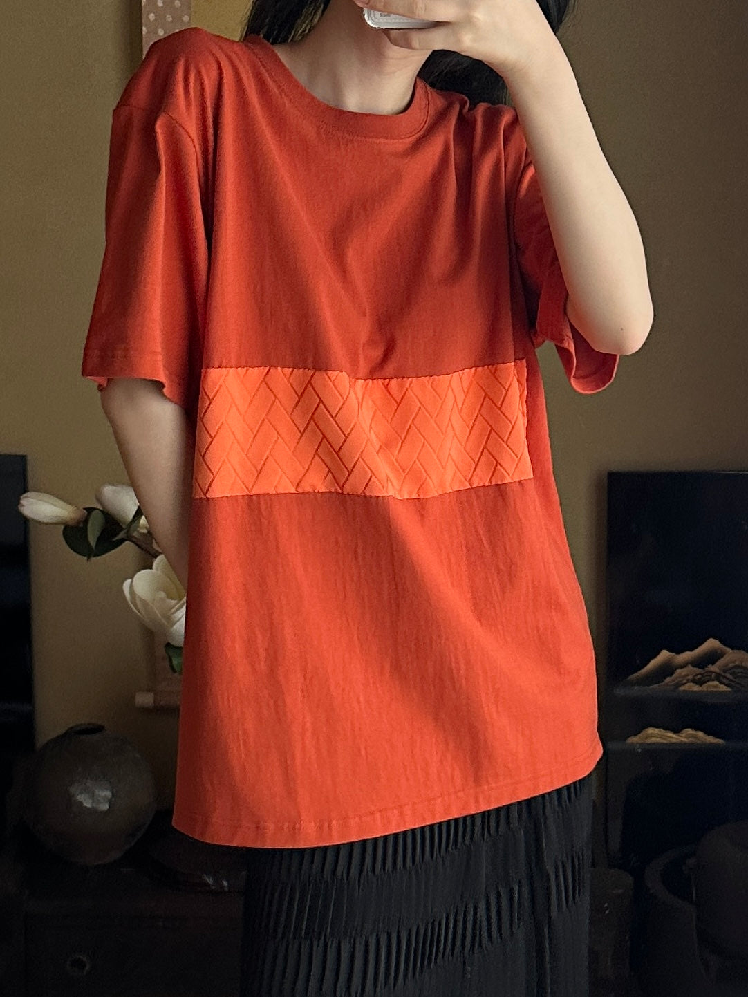 Redesigned Kimono Handmade T-Shirt Red persimmon color