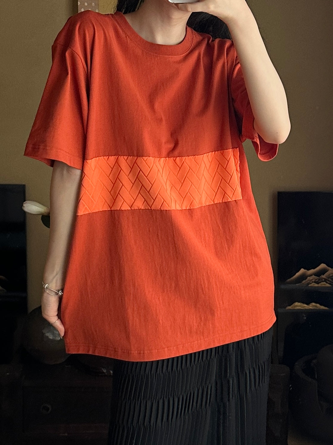 Redesigned Kimono Handmade T-Shirt Red persimmon color