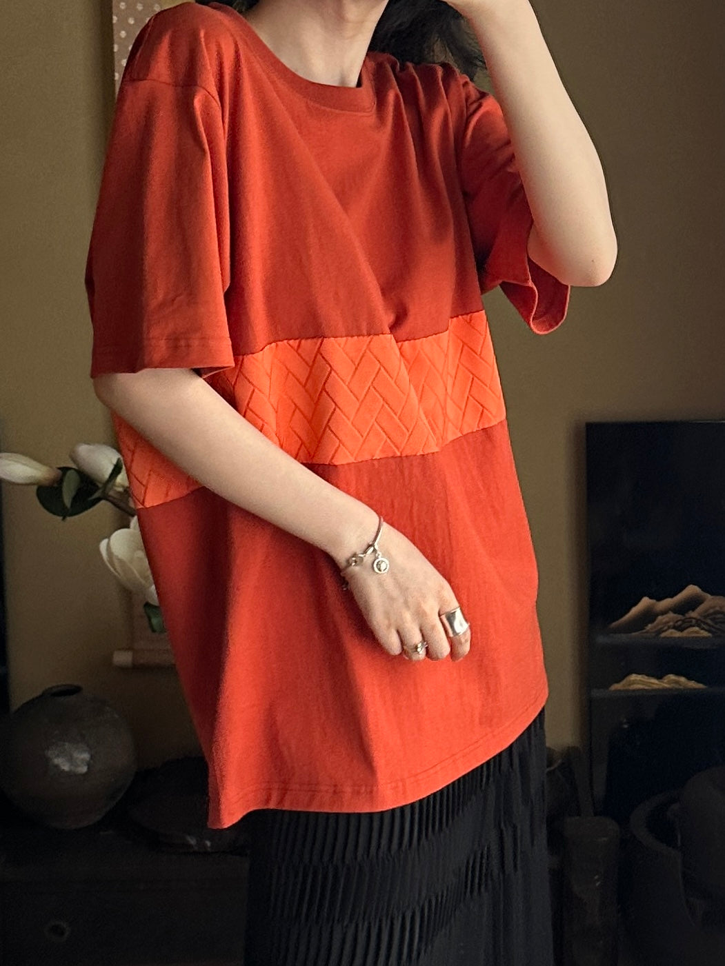 Redesigned Kimono Handmade T-Shirt Red persimmon color