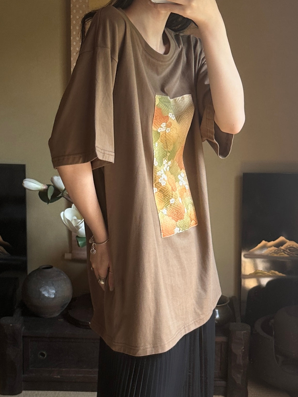 Redesigned Kimono Handmade T-Shirt Loquat Tea color