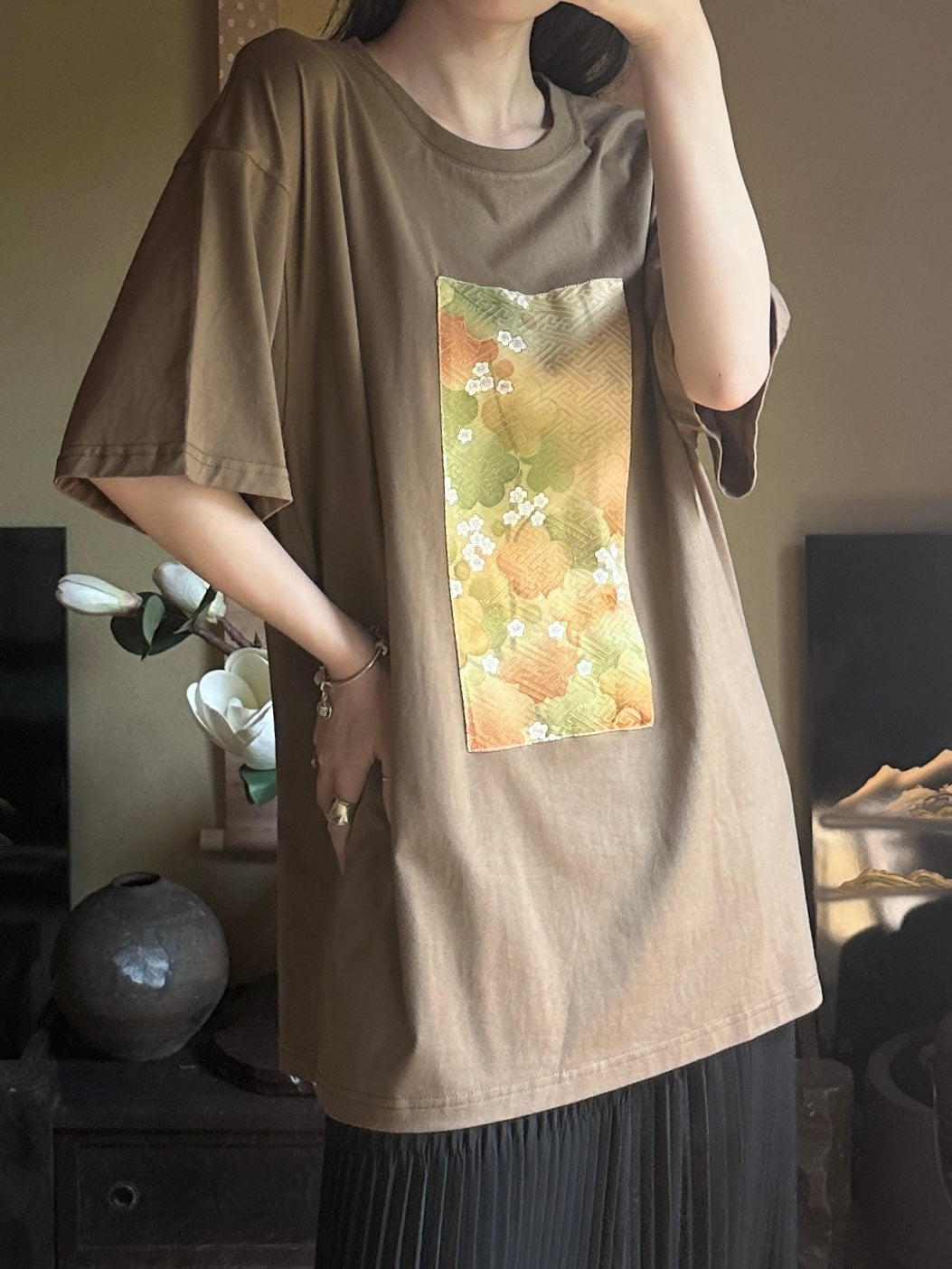 Redesigned Kimono Handmade T-Shirt Loquat Tea color