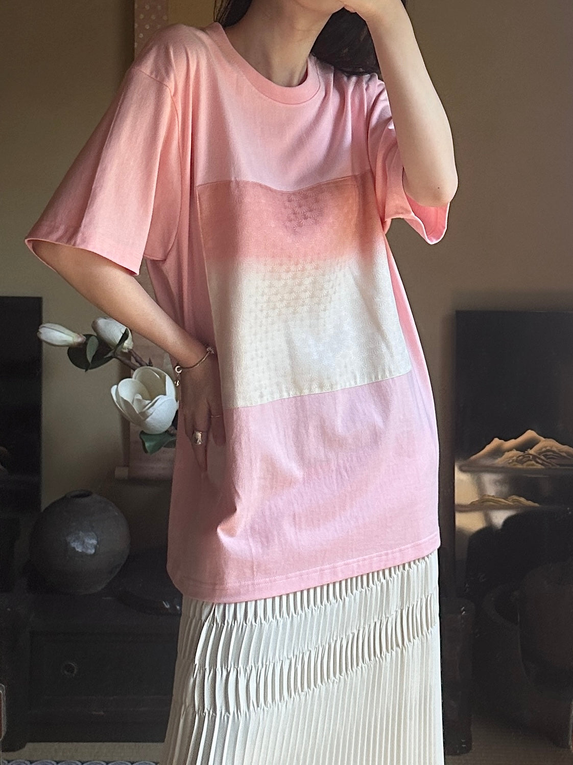 Redesigned Kimono Handmade T-Shirt Rosy Pink