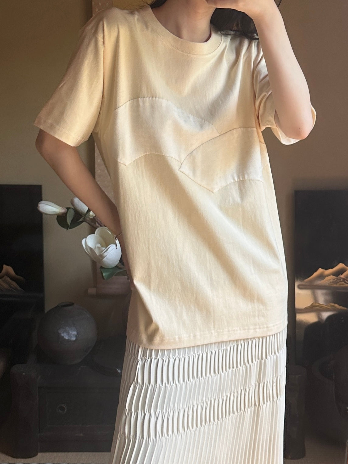 Redesigned Kimono Handmade T-Shirt Lotus root color