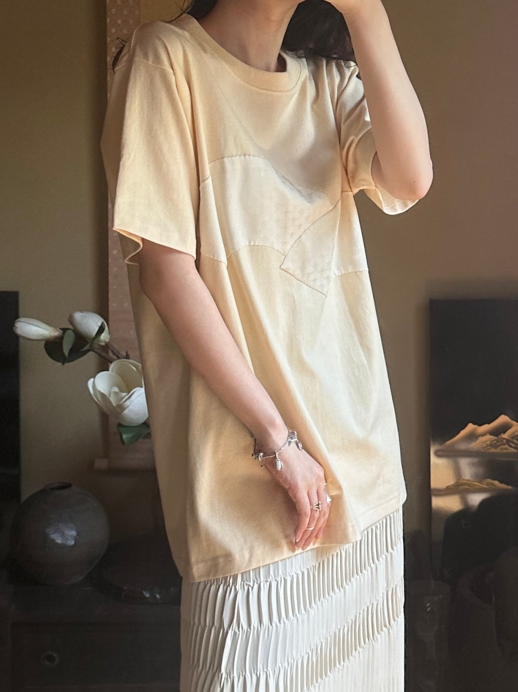 Redesigned Kimono Handmade T-Shirt Lotus root color