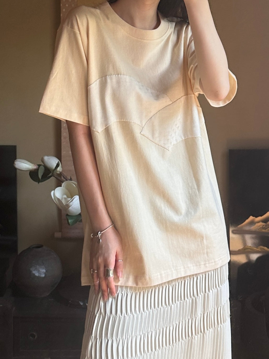 Redesigned Kimono Handmade T-Shirt Lotus root color