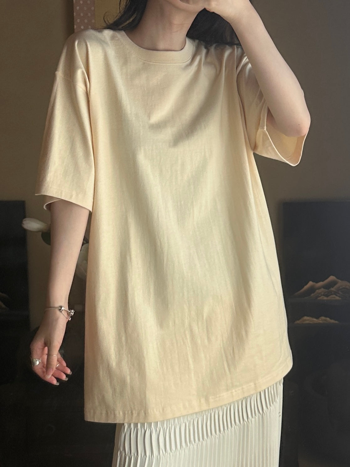 Redesigned Kimono Handmade T-Shirt Lotus root color