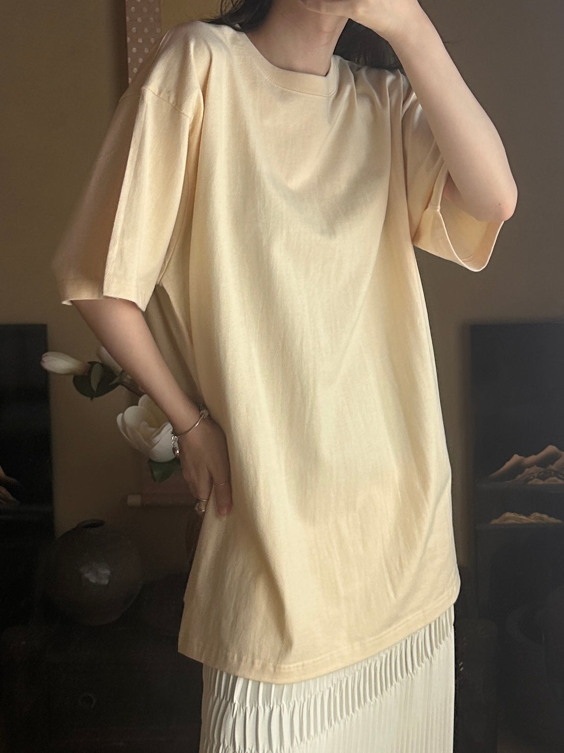 Redesigned Kimono Handmade T-Shirt Lotus root color