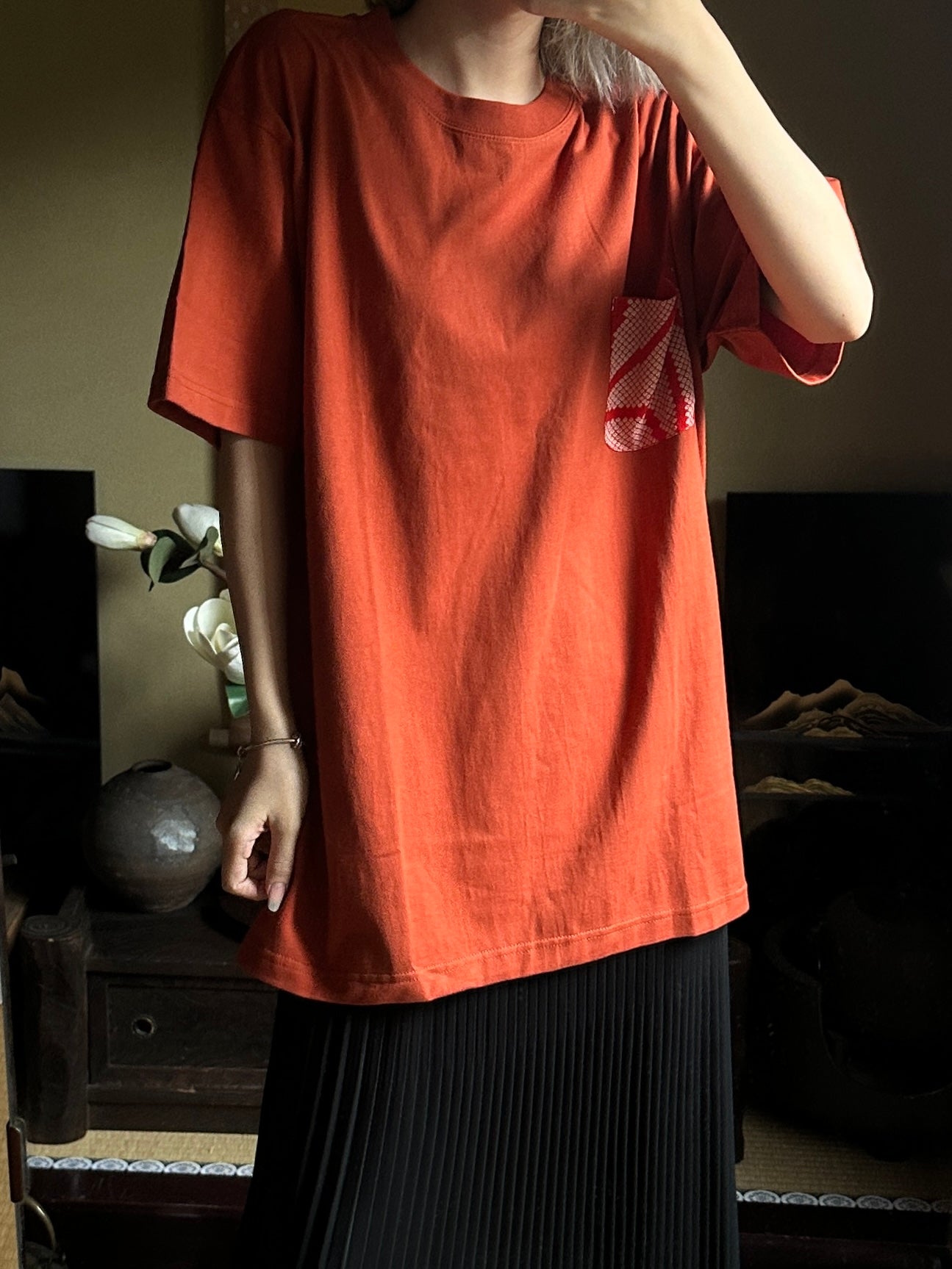 Redesigned Kimono Handmade T-Shirt Red persimmon color