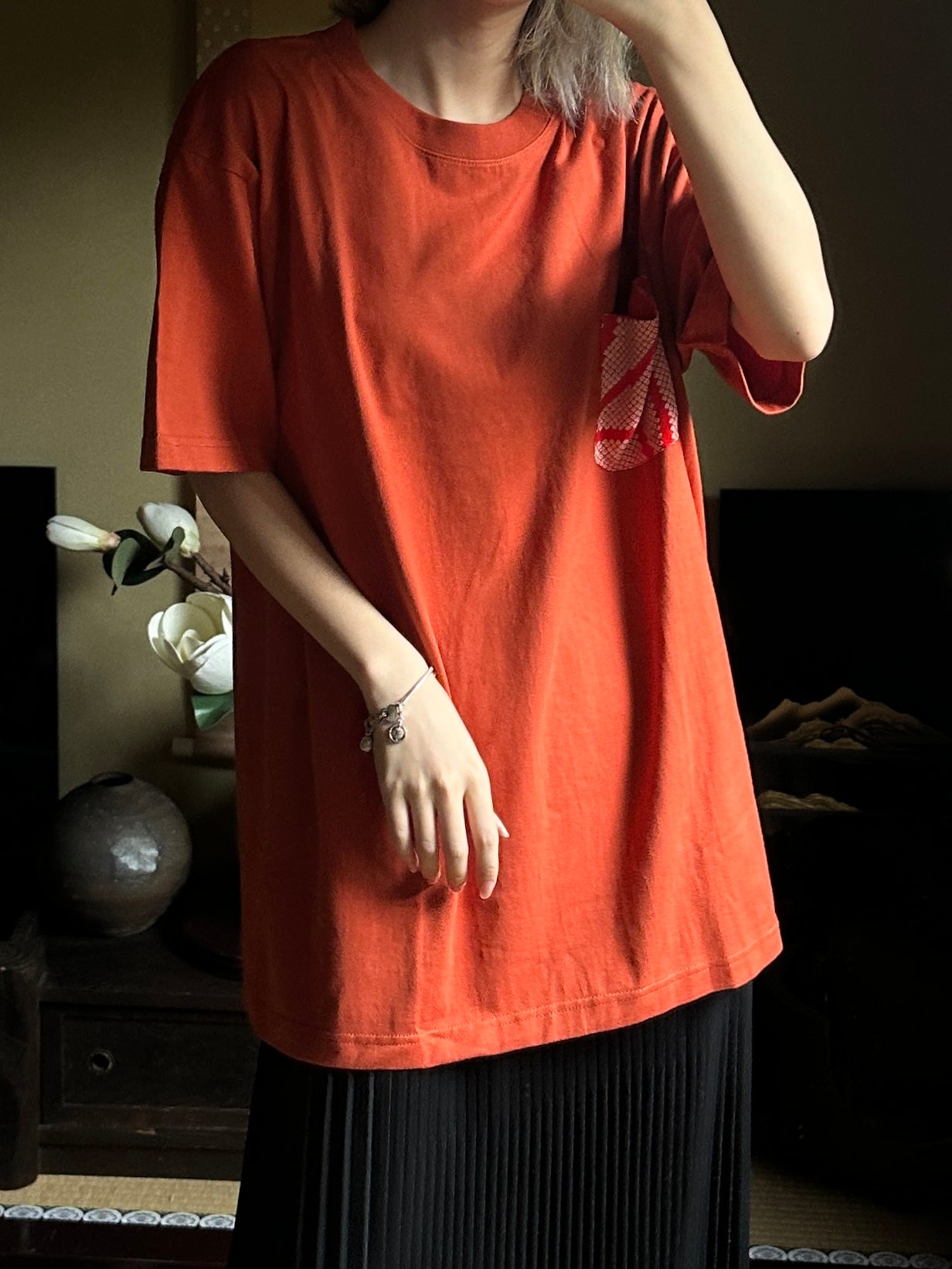 Redesigned Kimono Handmade T-Shirt Red persimmon color