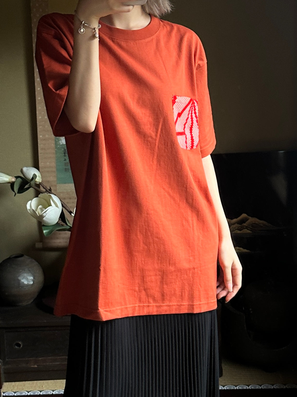 Redesigned Kimono Handmade T-Shirt Red persimmon color