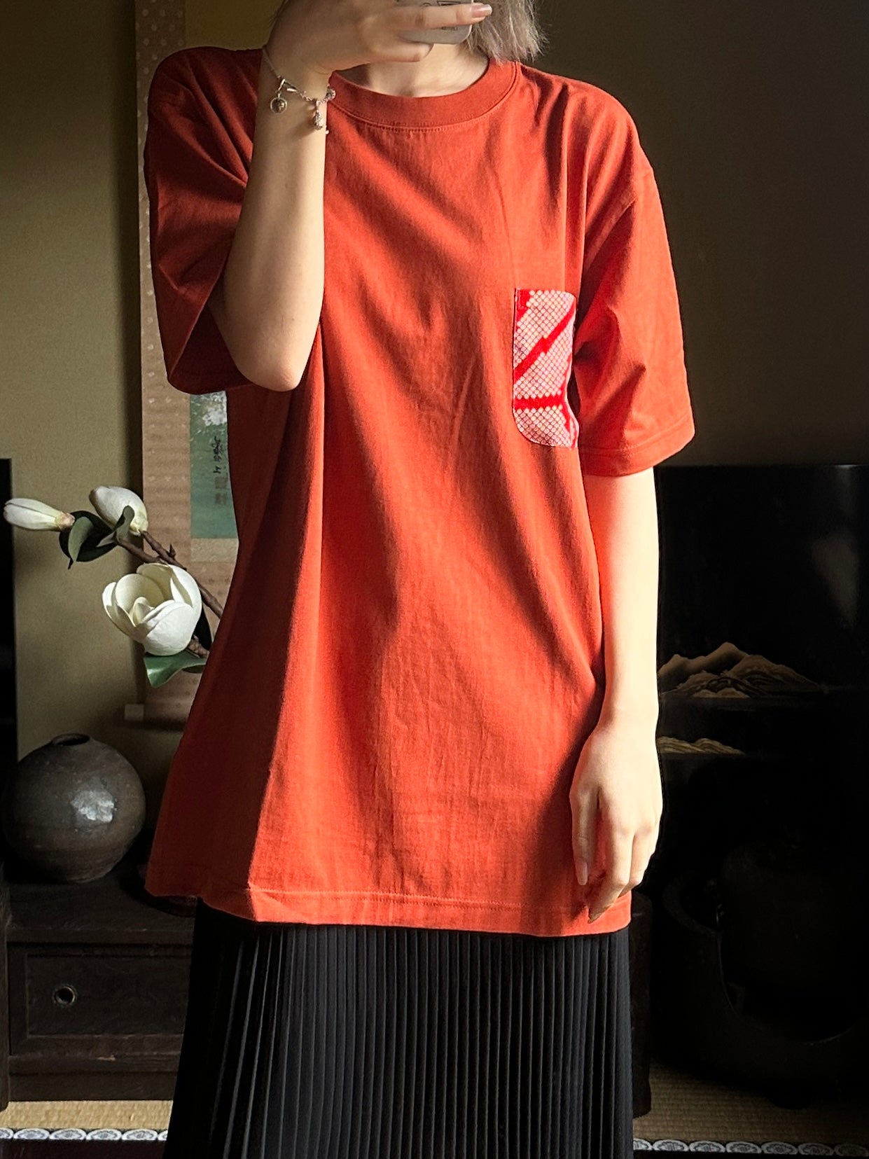 Redesigned Kimono Handmade T-Shirt Red persimmon color