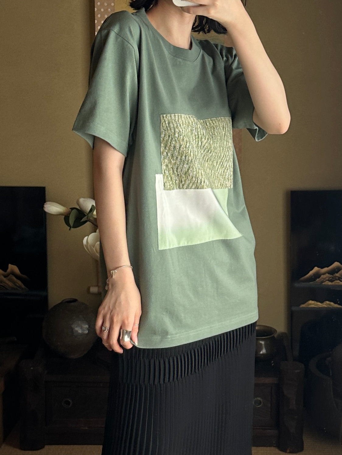 Redesigned Kimono Handmade T-Shirt Green tea color