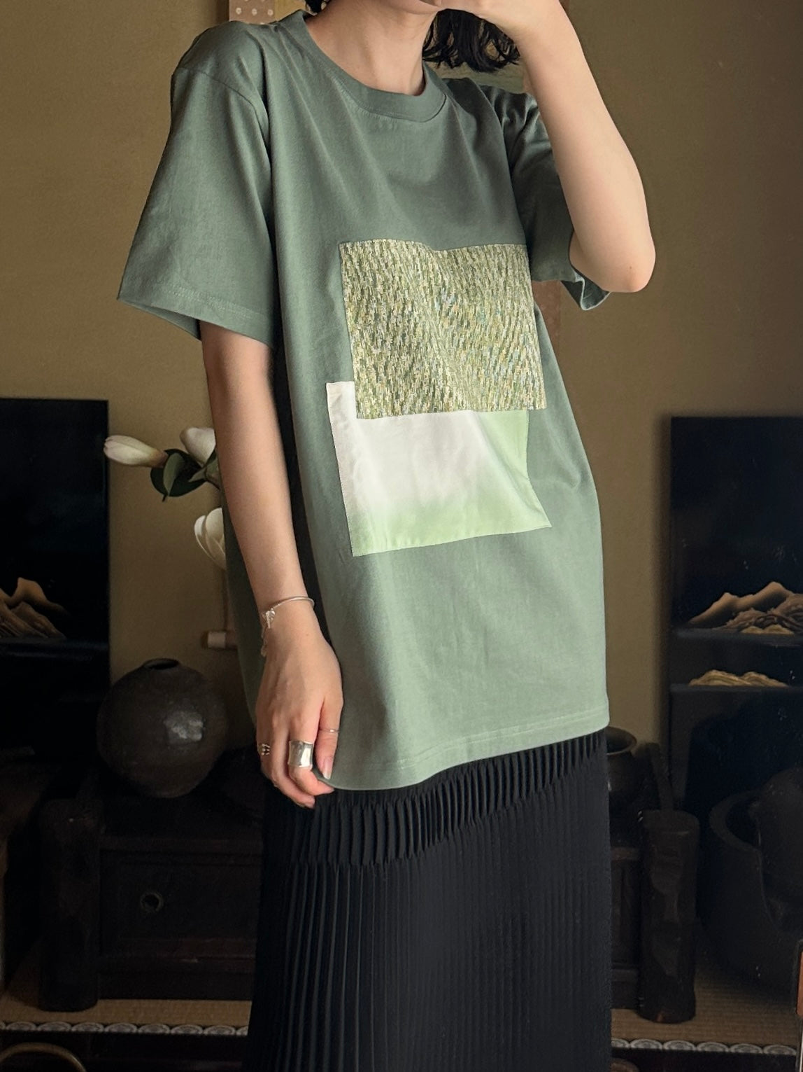 Redesigned Kimono Handmade T-Shirt Green tea color