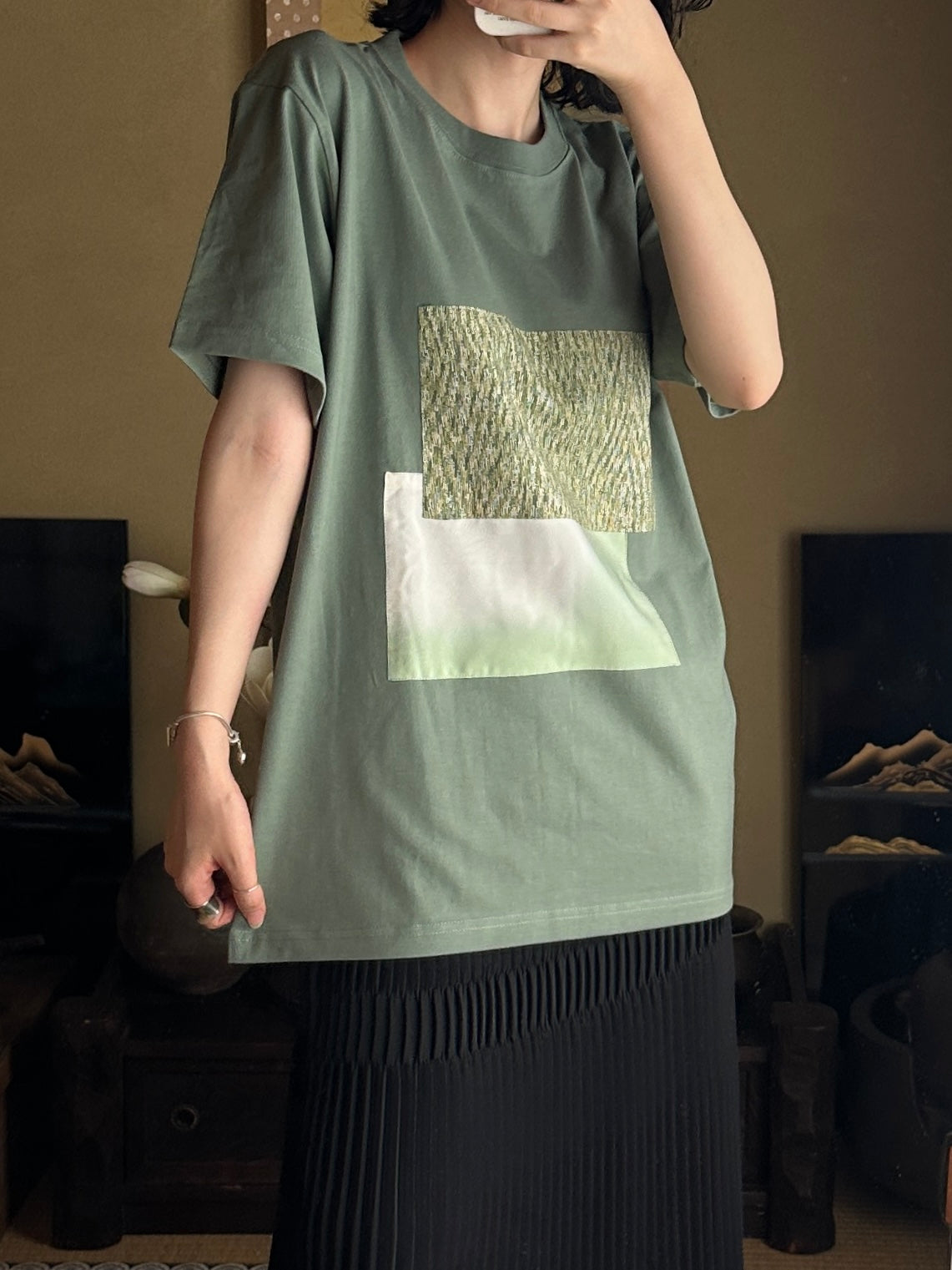 Redesigned Kimono Handmade T-Shirt Green tea color