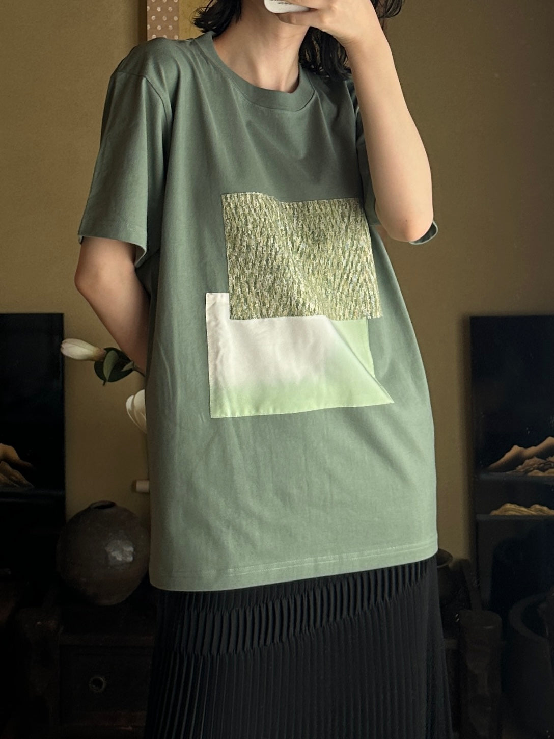 Redesigned Kimono Handmade T-Shirt Green tea color