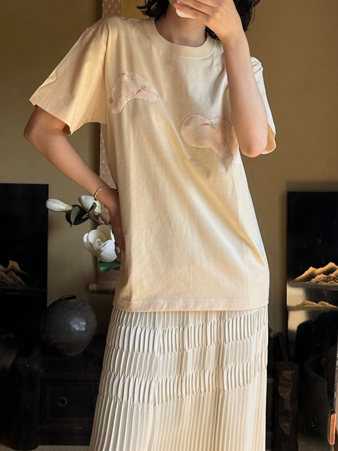 Redesigned Kimono Handmade T-Shirt Lotus root color