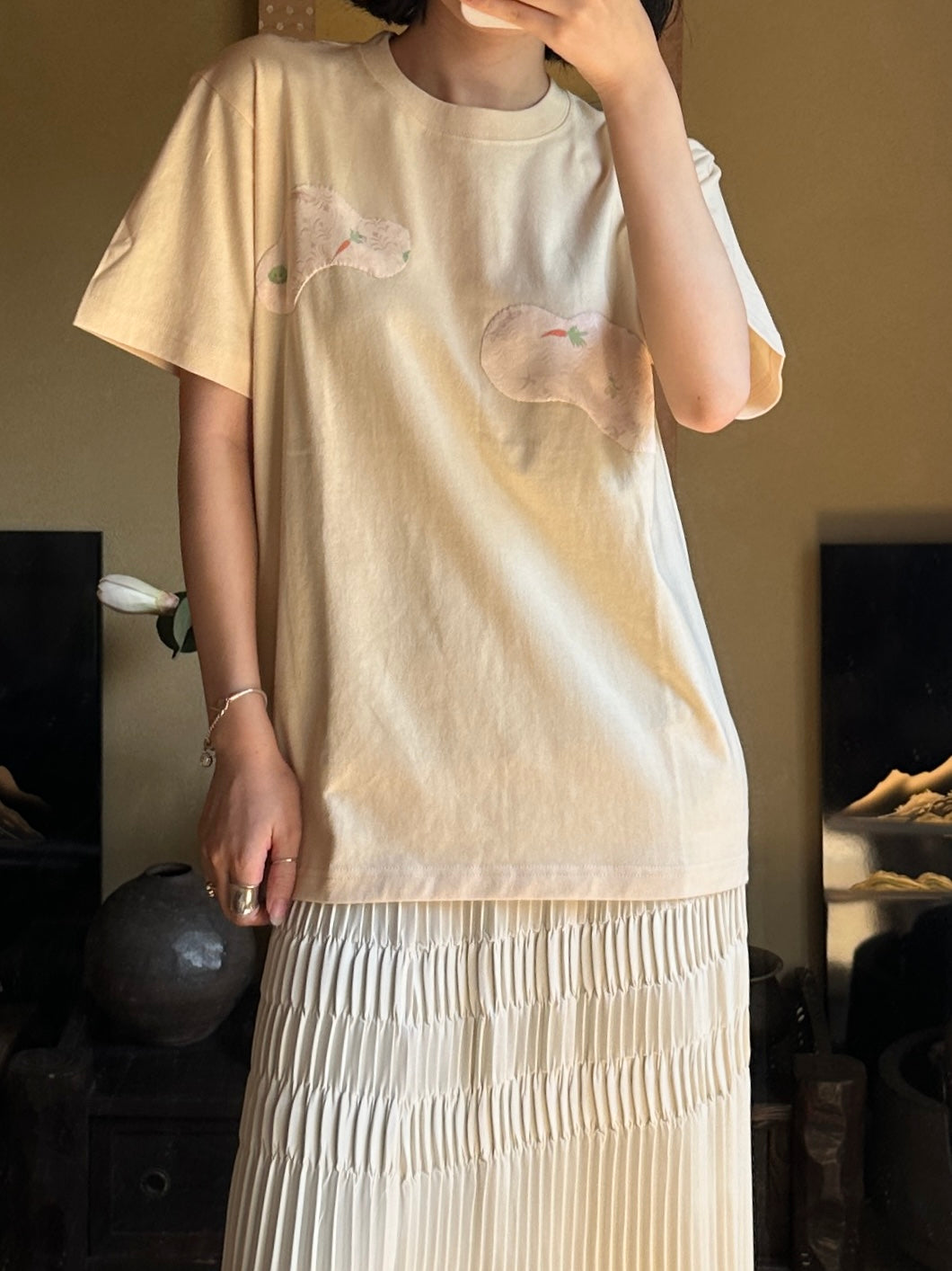 Redesigned Kimono Handmade T-Shirt Lotus root color