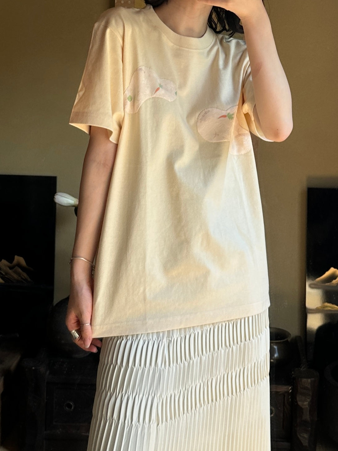 Redesigned Kimono Handmade T-Shirt Lotus root color