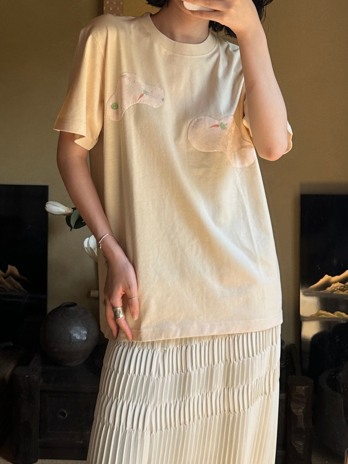 Redesigned Kimono Handmade T-Shirt Lotus root color