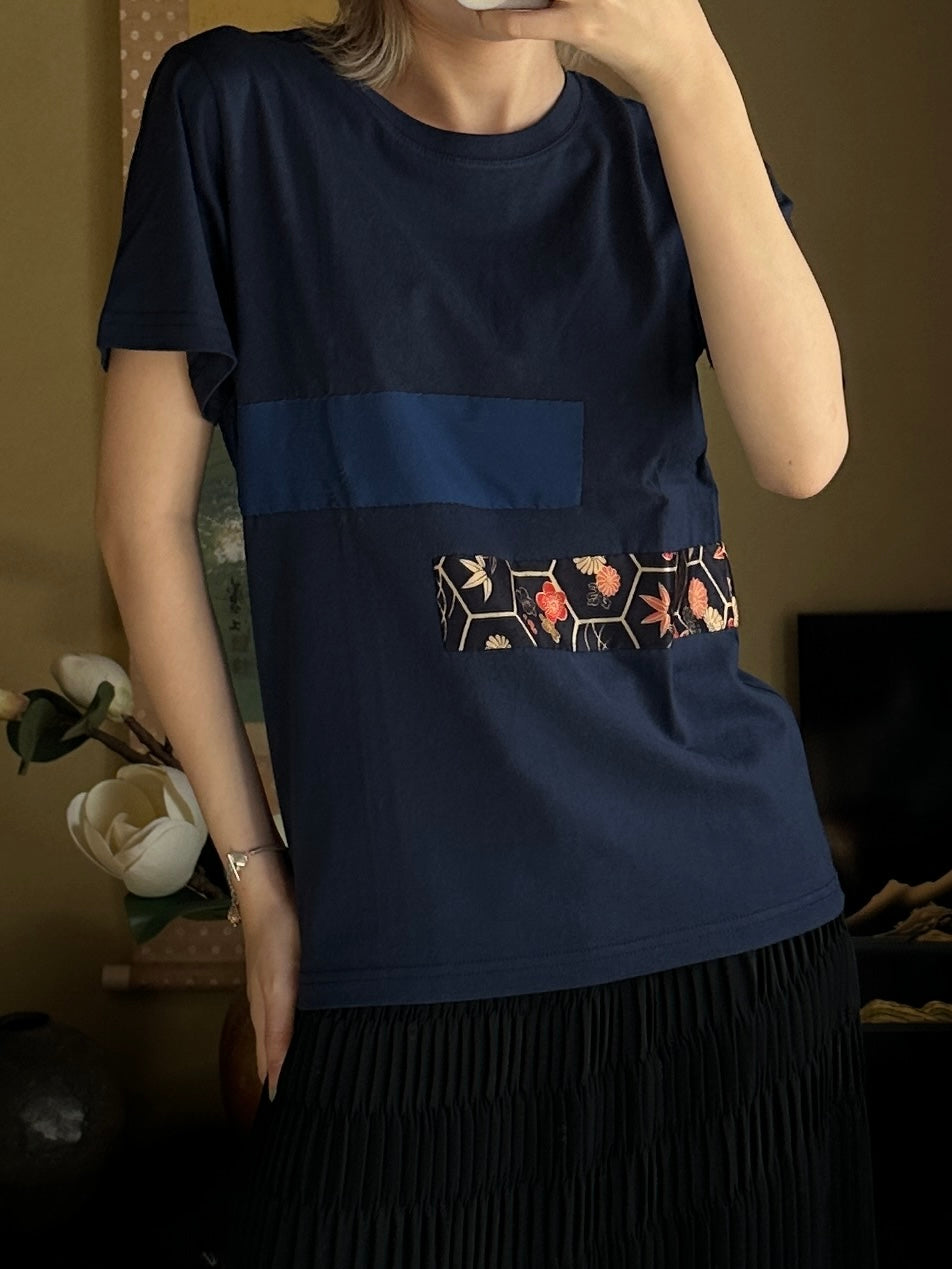 創作着物デザイン Tシャツ 鉄紺色